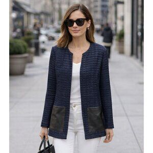 St. John Knits Sweater Cardigan Leather Pockets Wool Blend